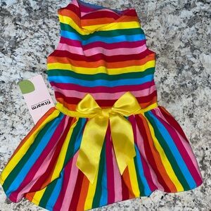 Fitwearn Rainbow Stripe Dog Dress with Yellow Bow